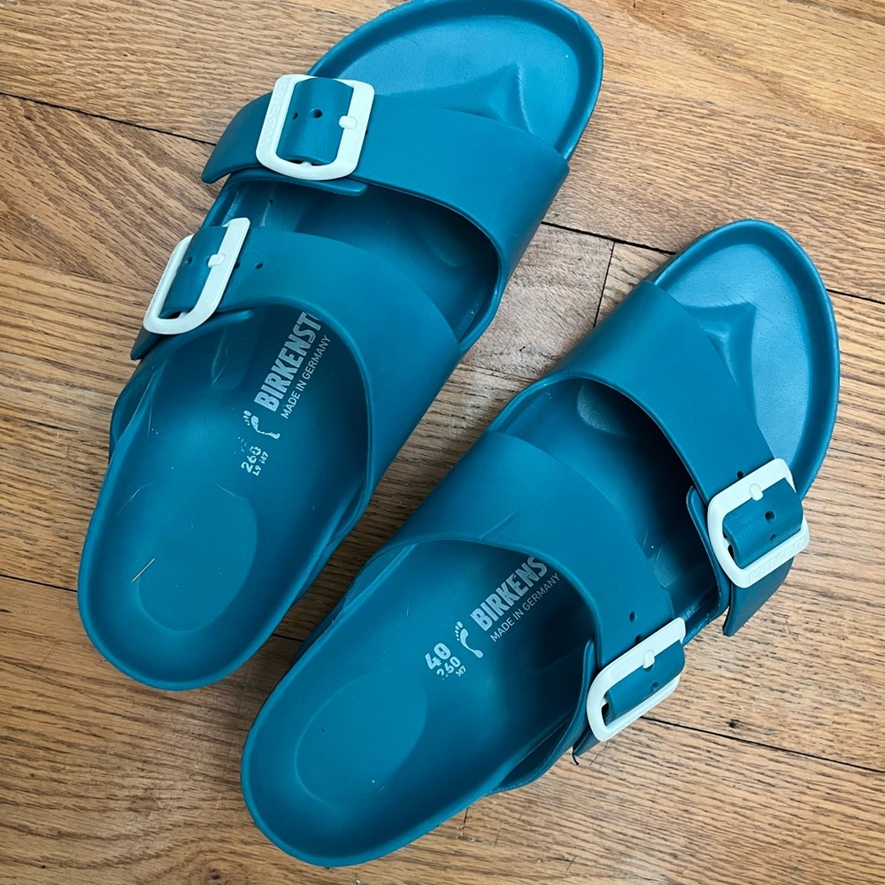 Birkenstock Teal Sandals with White Buckles